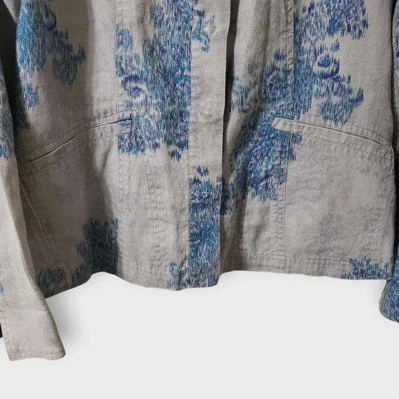 Coldwater Creek Womens 14 Gray Blue Floral Ikat 100% Linen Snap Button Jacket - Picture 3 of 13